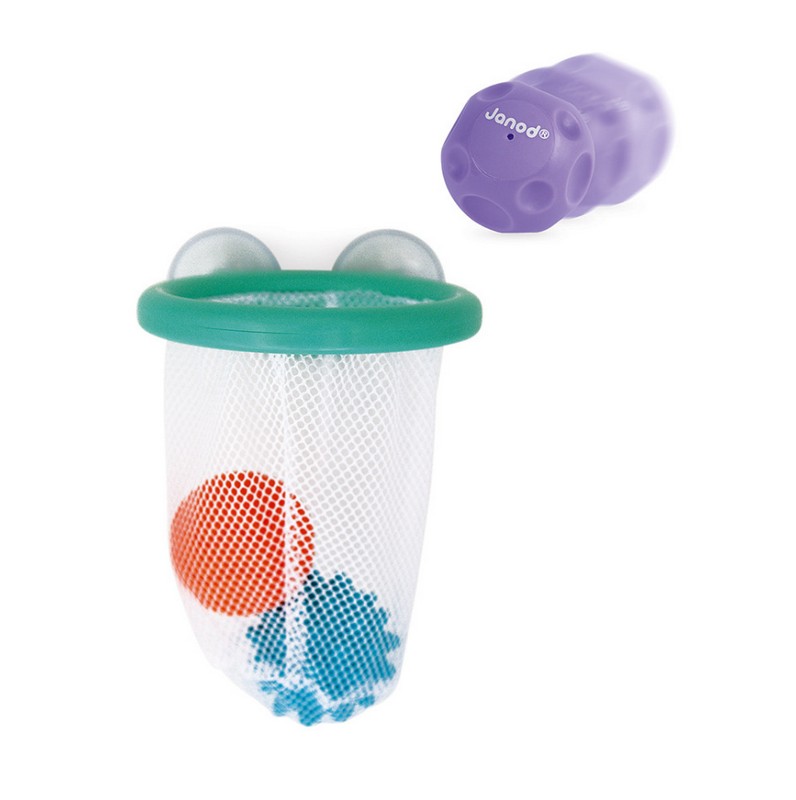 Gioco basket multisensoriale per bambini con canestro con ventosa e 3 palline diverse, adatto dai 12 mesi in su